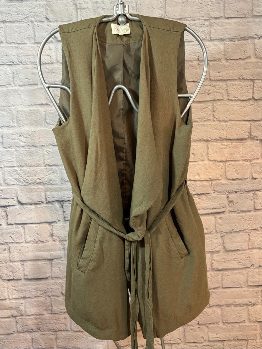 Jolt Pale Olive Green Sleeveless Tie-Waist Soft Vest with Pockets Details Small